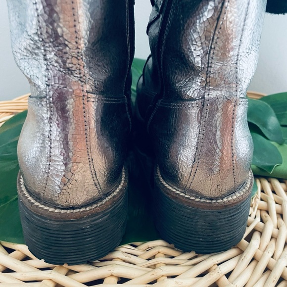 Shellys London Tyra Silver Metallic Crinkled leather Combat Boots Buckle Size 36 - Picture 7 of 16